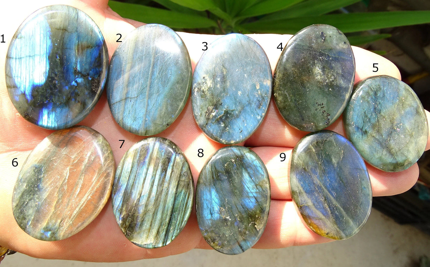 Labradorite, sélection de pierres plates, modèles au choix, environ 40x30x9 mm - 20 à 22 grammes. Parfait pour être monter en bijouterie. Très belle qualité, des reflets hologramme incroyable ! vente à l'unité ou lot complet !