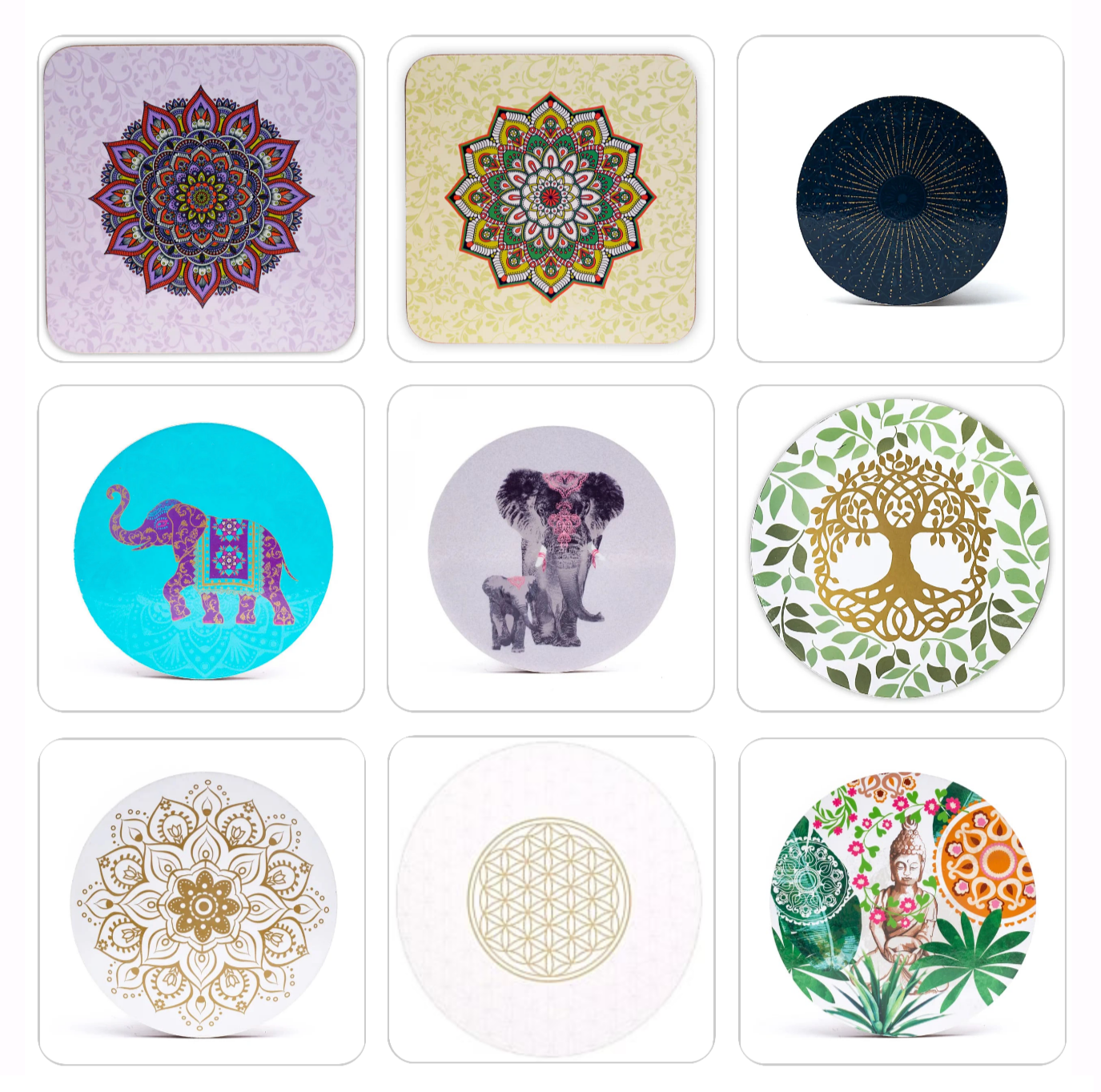 Sélection de dessous de verres, ensemble de 6 pièces avec de jolis motifs : Bouddha, éléphant, fleur de vie, mandala... 9 modèles aux choix, parfait !