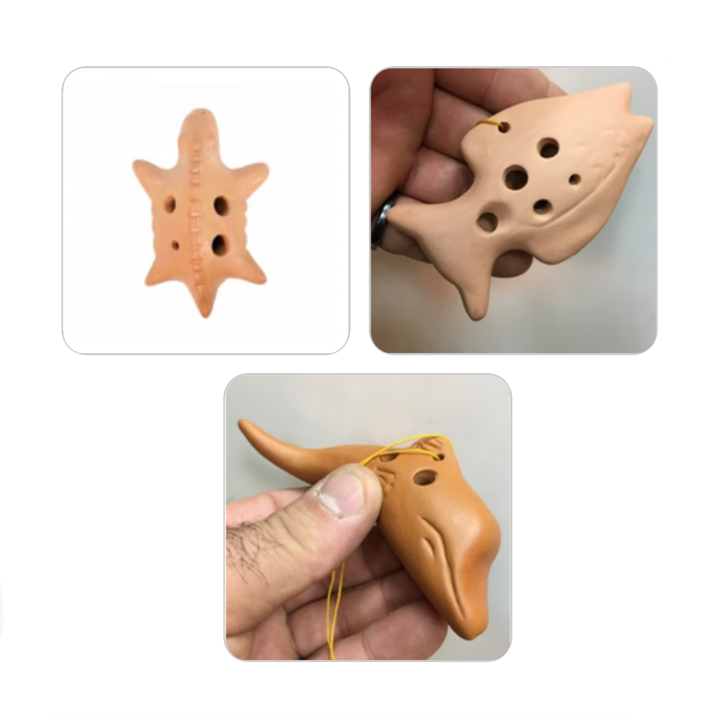 Ocarina en terre cuite en forme d'animaux, dauphin, poisson, lezard... superbes petites pièces faites au Pérou... Modèles au choix ! Des sons pour voyager, des sons doux et profond comme la terre !