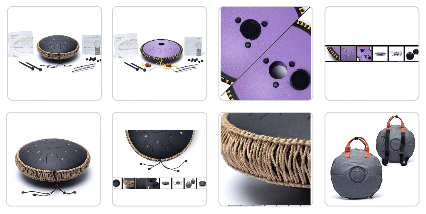 Handpan/ tambour percussion à 14 languettes/ 14 notes, 36 cm, fait en acier. 2 couleurs au choix : violet ou noir !