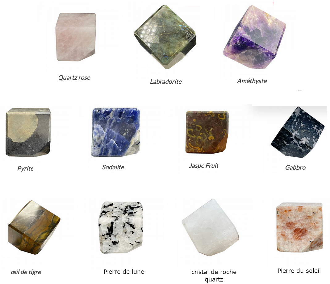 Selection of 'floating' stone cubes (1 corner cut off), 350 to 400 grams / 4.5 to 5 centimeters in diameter. Very good quality, beautiful finishes, perfect!