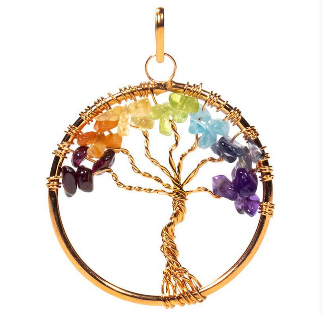 Tree of Life '7 chakras', a universal symbol of strength, grounding, and spiritual growth, pendant in gold-plated or silver-plated brass, 40 millimeters in diameter. Comes with a drawstring, ready to wear or give as a gift, perfect!