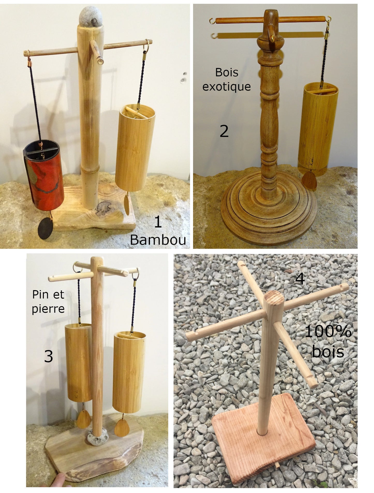Gem & Zen creation, wooden supports for Koshi, Zaphir or other style chimes, 45 centimeters high, base 20 x 20cm. Also suitable for Tibetan cymbal (Tingsha). 'Matte' or 'glossy' finish option, perfect!