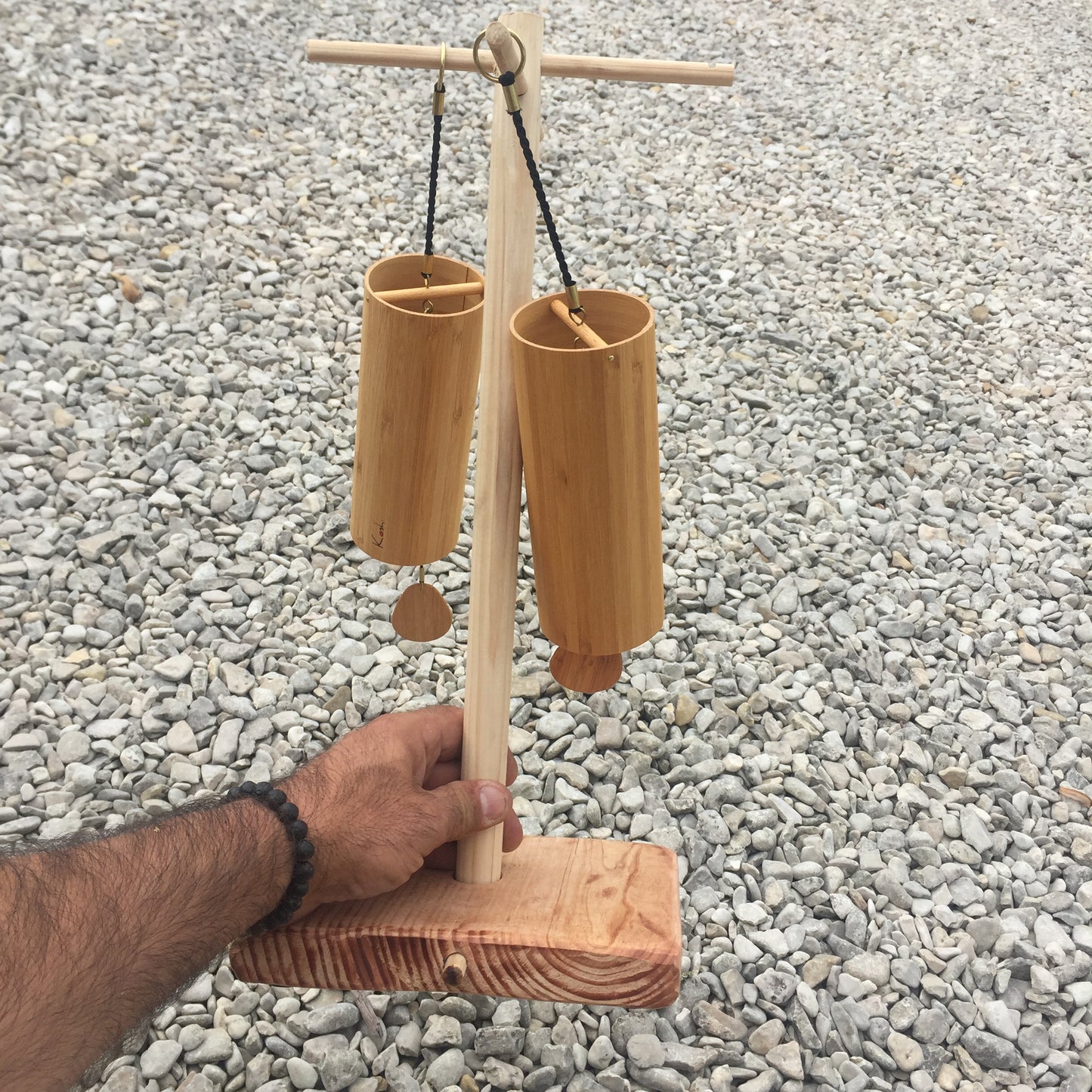 Gem & Zen creation, 'double row' wooden stands, for Koshi, Zaphir or other style chimes, 45 or 95 centimeters high, base 20 x 20cm. Also suitable for Tibetan cymbal (Tingsha). 'Matte' or 'glossy' finish option, perfect!