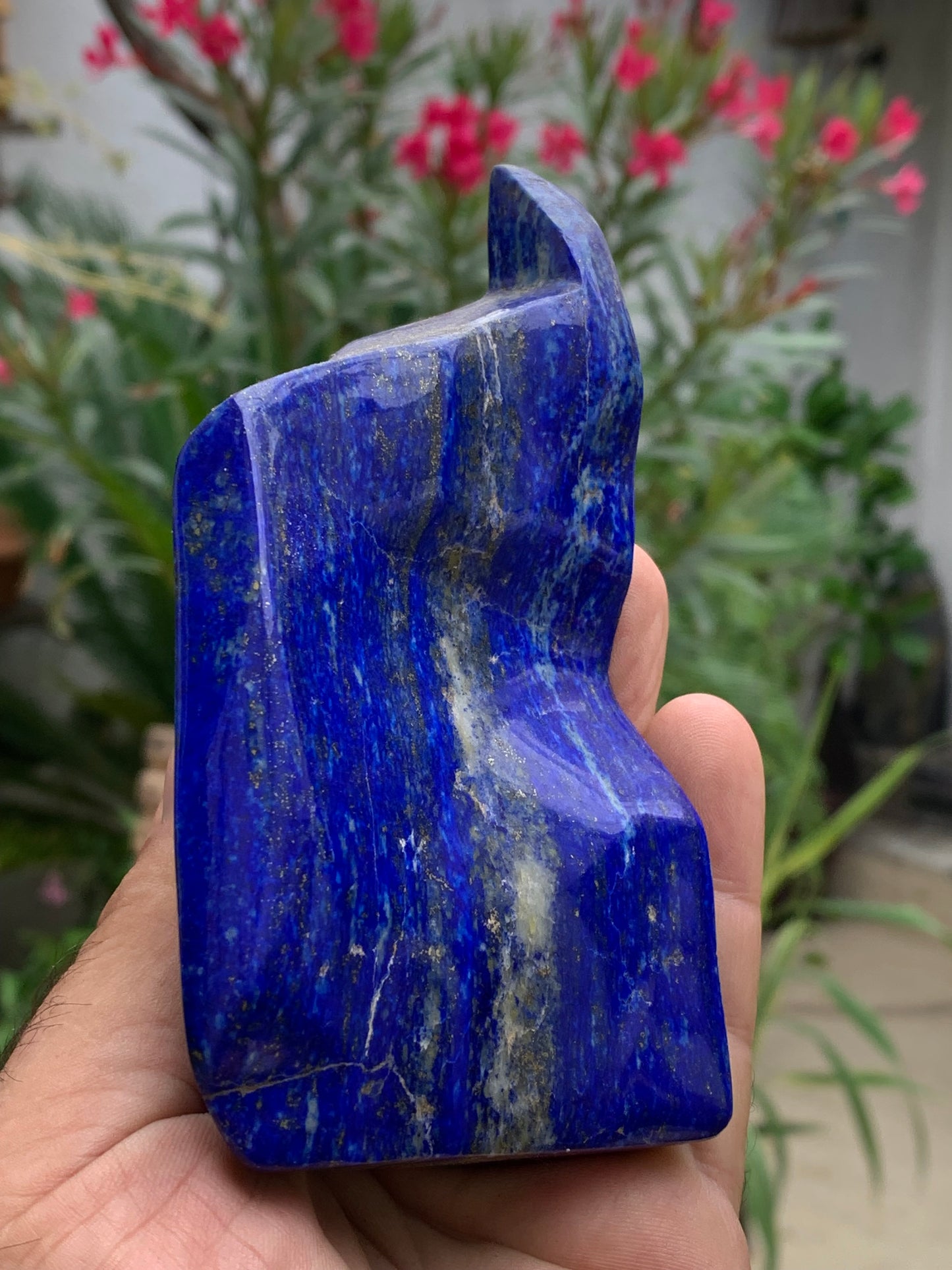 Lapis lazuli, forme libre polie de 135 x 71 x 42 mm - 479 grammes. Un bleu envoûtant et fascinant, pierre des pharaons !