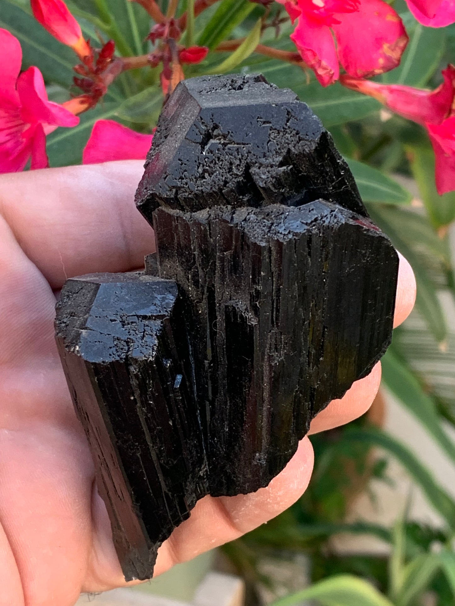 Black tourmaline, natural specimen, twin of 92 x 65 x 50 mm - 263.8 grams. A very beautiful piece with several 3-sided heads!