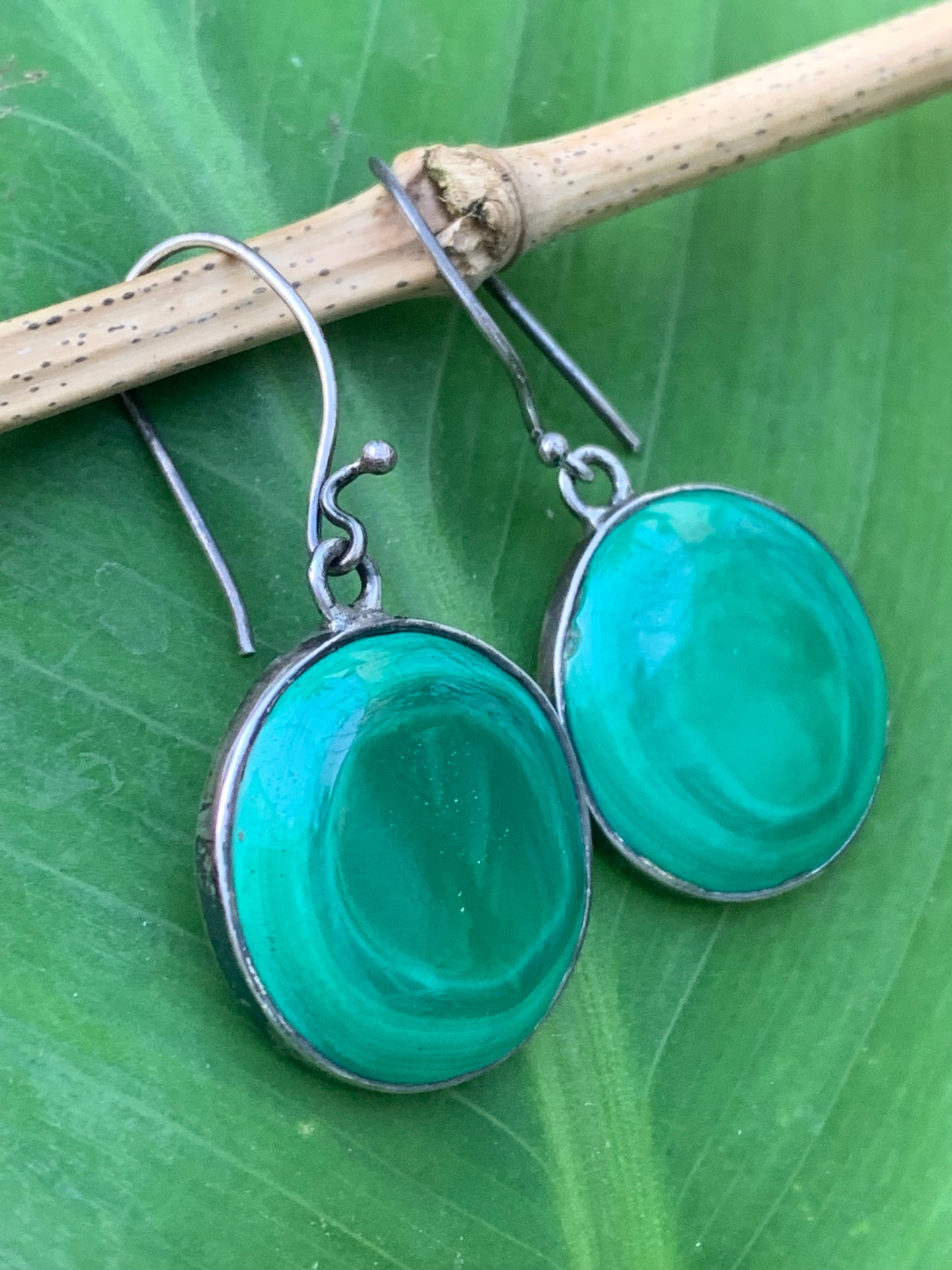Boucles d'oreilles en Malachite, cabochons de 25mm sertis Argent 0.925, superbes pièces de qualité AA à AAA, parfait !