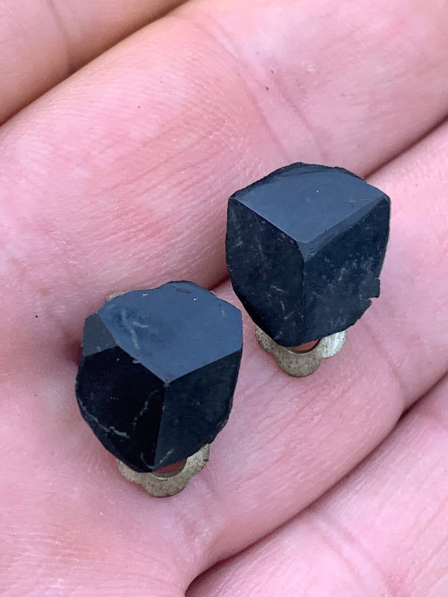 Black Tourmaline clip-on earrings, natural 3-sided head cabochon, AA to AAA quality. Sold in silver-plated brass, perfect!