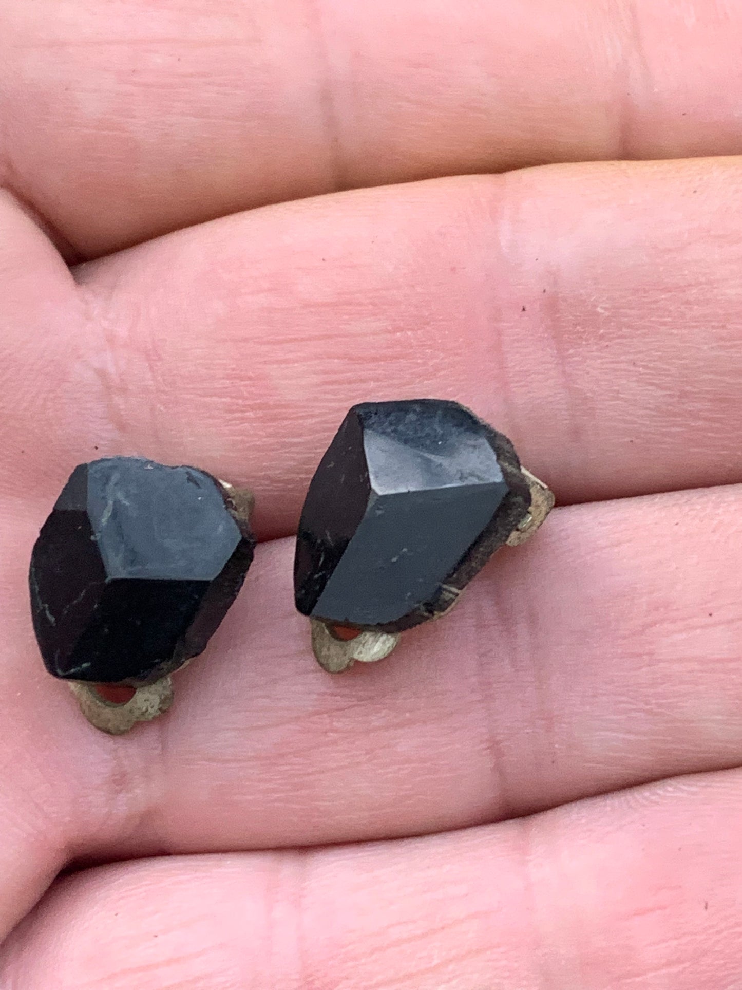 Black Tourmaline clip-on earrings, natural 3-sided head cabochon, AA to AAA quality. Sold in silver-plated brass, perfect!