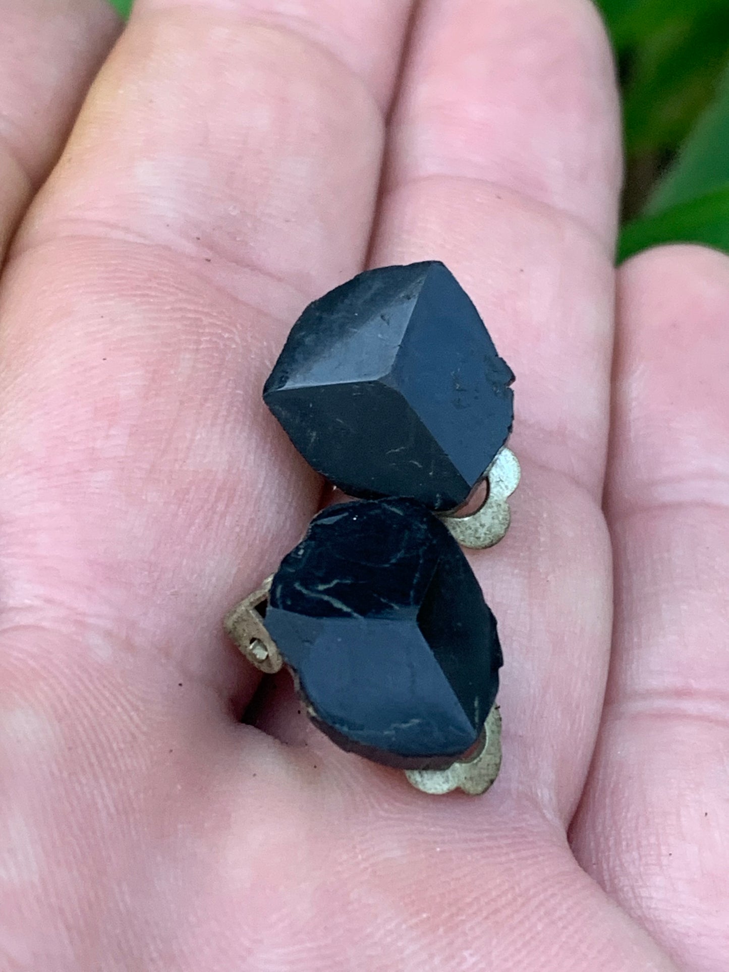 Black Tourmaline clip-on earrings, natural 3-sided head cabochon, AA to AAA quality. Sold in silver-plated brass, perfect!