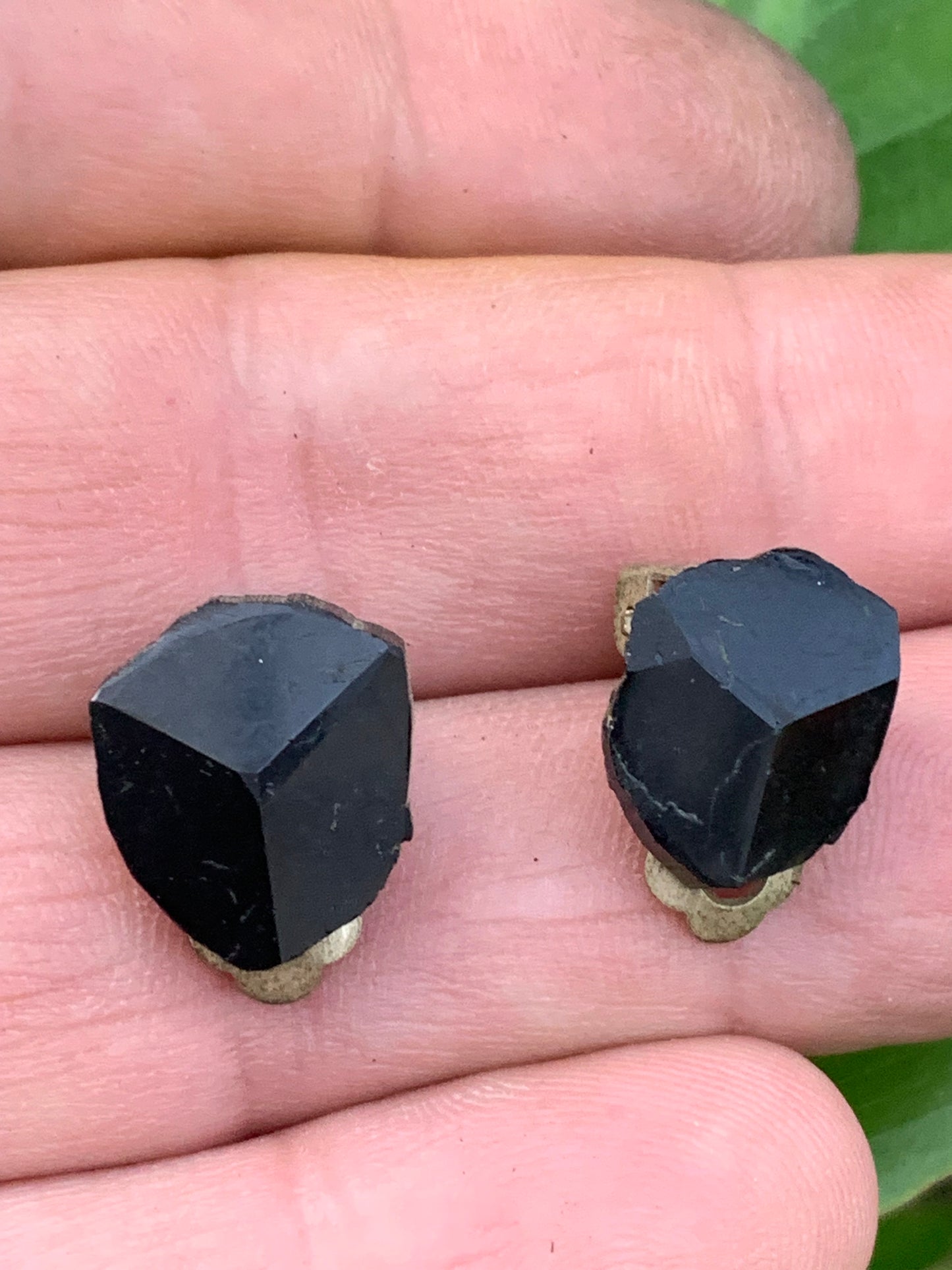 Black Tourmaline clip-on earrings, natural 3-sided head cabochon, AA to AAA quality. Sold in silver-plated brass, perfect!