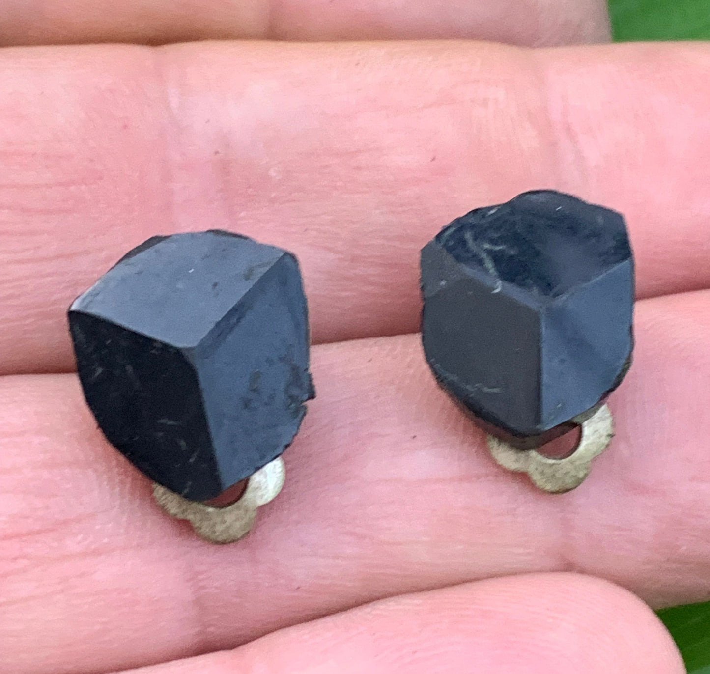 Black Tourmaline clip-on earrings, natural 3-sided head cabochon, AA to AAA quality. Sold in silver-plated brass, perfect!
