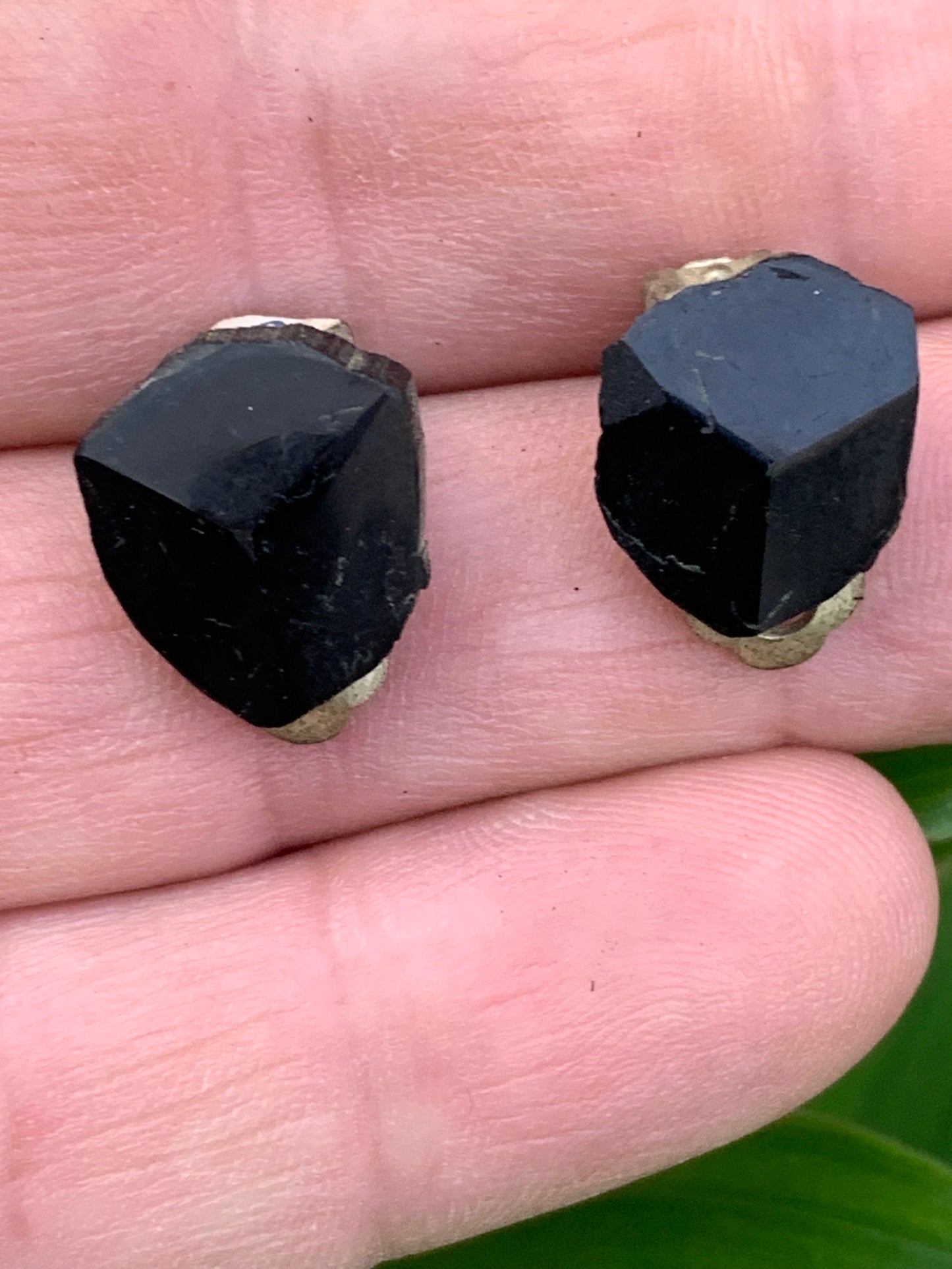 Black Tourmaline clip-on earrings, natural 3-sided head cabochon, AA to AAA quality. Sold in silver-plated brass, perfect!
