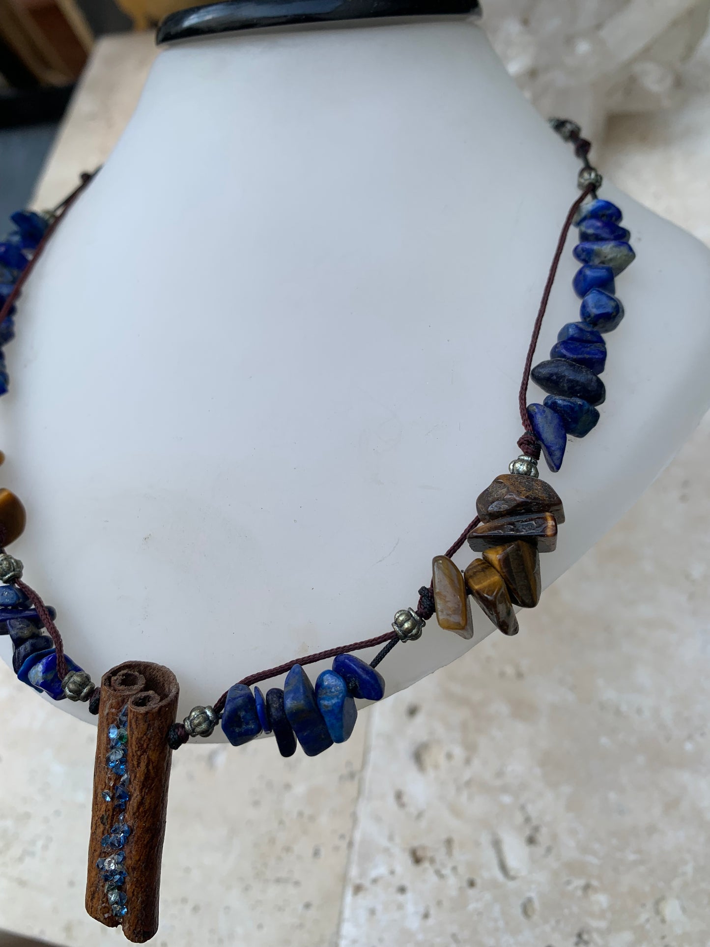 Lapis lazuli, 5x10 millimeter 'Baroque' pearl necklace, 44cm long. 'Sliding/mala' clasp, with cinnamon stick pendant set with stones, unique model!