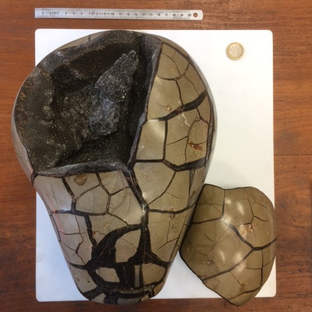 Septaria, géode entière en 2 parties, 8,8 kilogrammes, 28 x 20 x 12 centimètres de diamètre. Vendu avec socle en métal sur mesure. Superbe qualité AA, en provenance de Madagascar. Incroyables effets positifs pour vos collections, expositions...parfait !