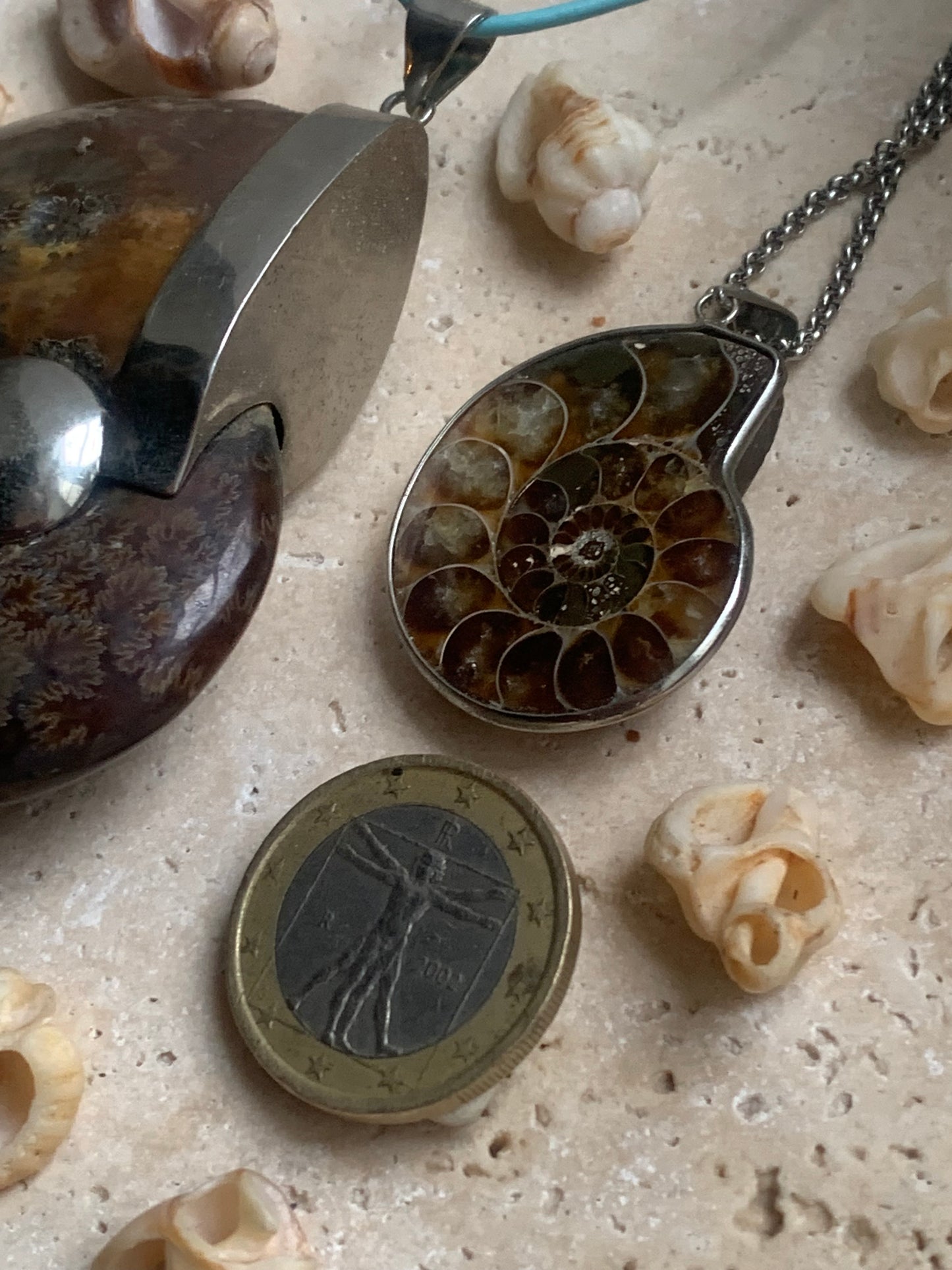 Pendentifs d'Ammonites fossiles, disponibles en 2 tailles, 60x50x20 et 35x25x10 mm. Chaque pièce est authentique et unique, révélant les spirales naturelles et les motifs fascinants de ce fossile. Livrés avec cordon coulissant, prêt à porté ou à offrir !