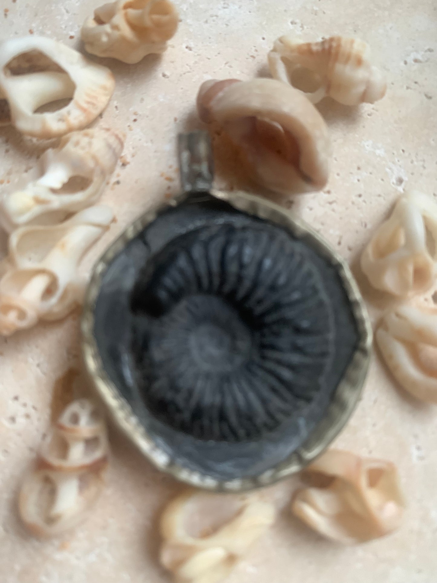 Ammonite fossile du Népal, taille de 45x35x12 millimètres. Pièce authentique et unique, révélant les spirales naturelles et les motifs fascinants de ce fossile. Livré avec cordon coulissant, prêt à porté ou à offrir !