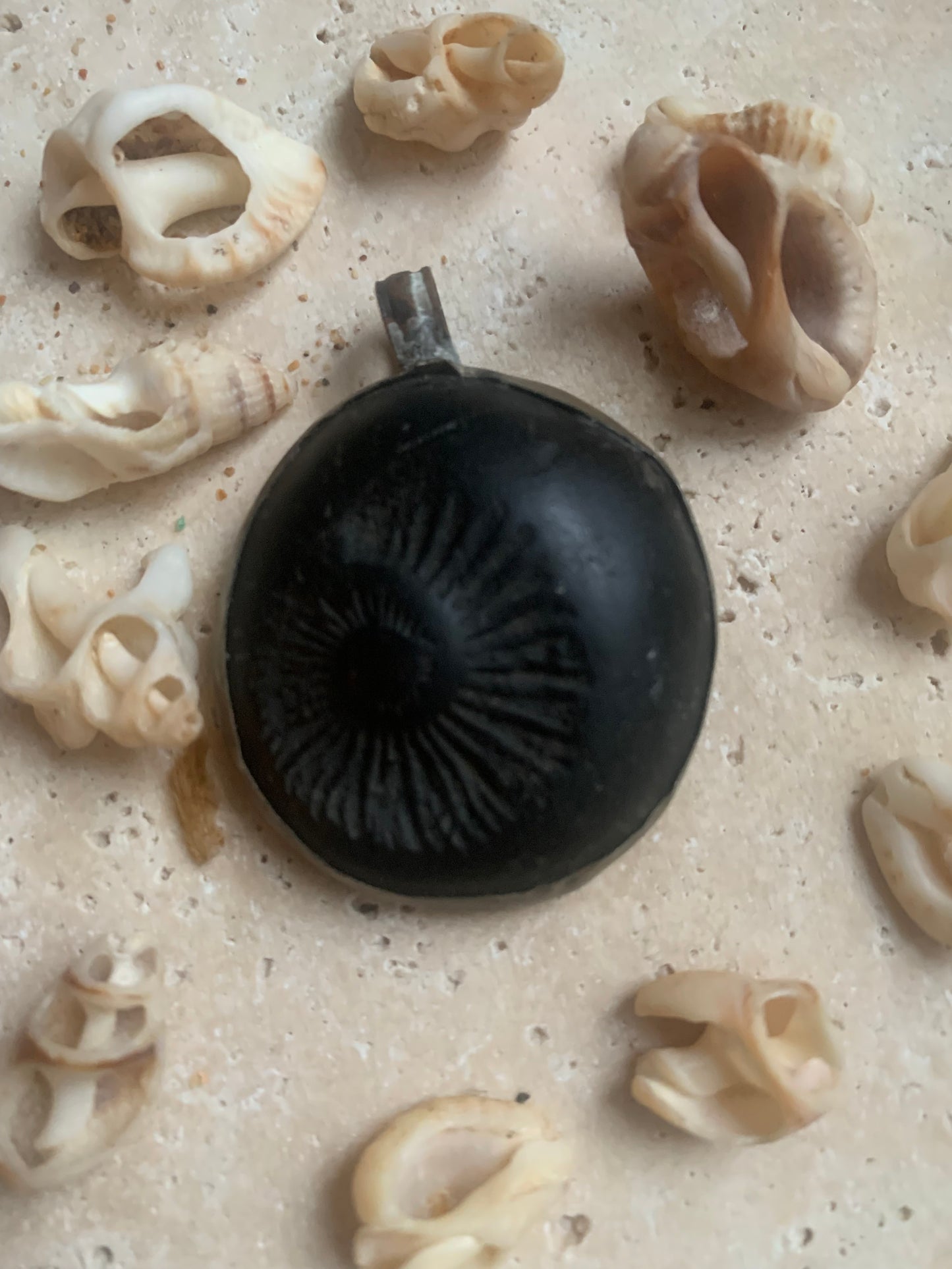 Ammonite fossile du Népal, taille de 45x35x12 millimètres. Pièce authentique et unique, révélant les spirales naturelles et les motifs fascinants de ce fossile. Livré avec cordon coulissant, prêt à porté ou à offrir !