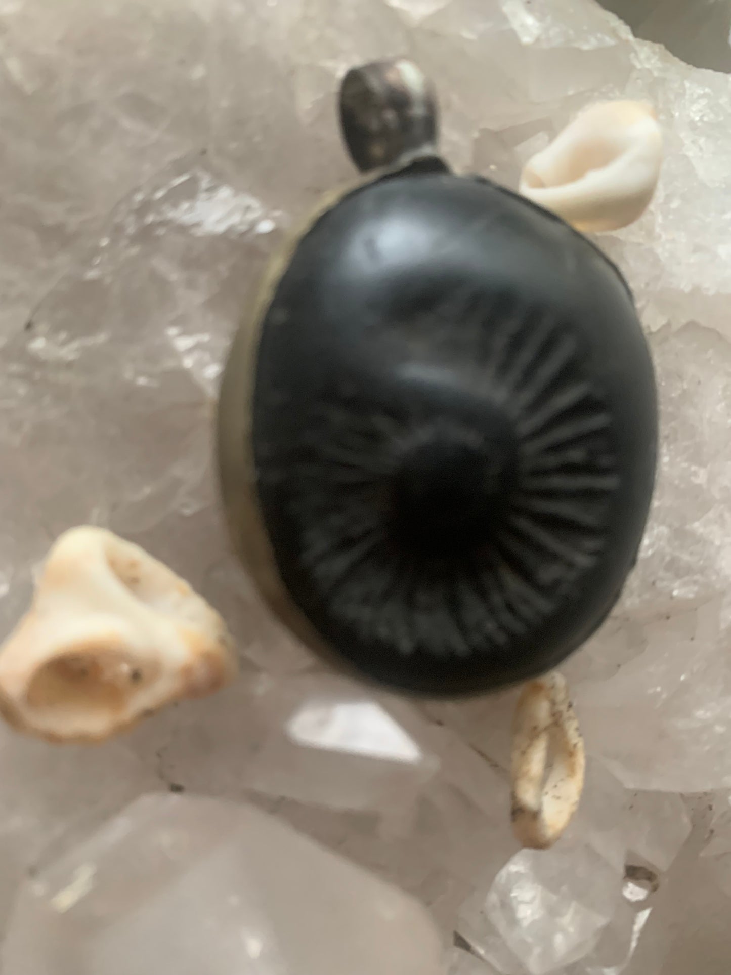Ammonite fossile du Népal, taille de 45x35x12 millimètres. Pièce authentique et unique, révélant les spirales naturelles et les motifs fascinants de ce fossile. Livré avec cordon coulissant, prêt à porté ou à offrir !