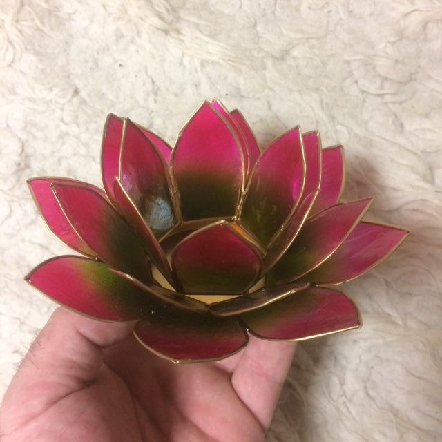Selection of 'Lotus' candle holders made of capiz shell, 13.5 centimeters x 5.5 centimeters high. Magnificent colors, incredible effects, perfect!