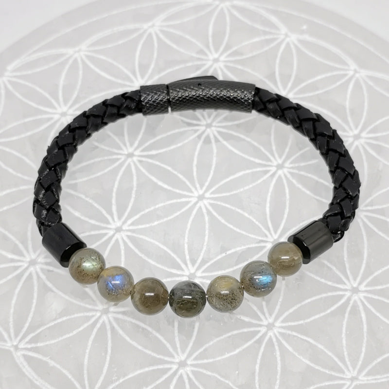 Collection n°3 de bracelets, 'Cuir & fermoir magnétique", simple rang, avec perles de 8 mm - 20,5 cm de longueur !