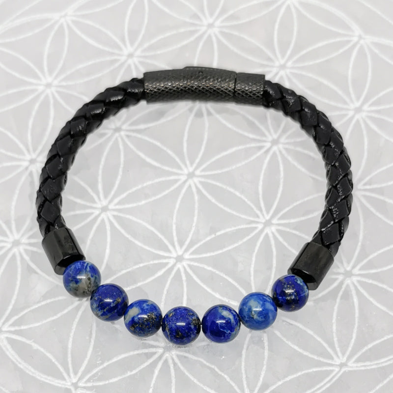 Collection n°3 de bracelets, 'Cuir & fermoir magnétique", simple rang, avec perles de 8 mm - 20,5 cm de longueur !