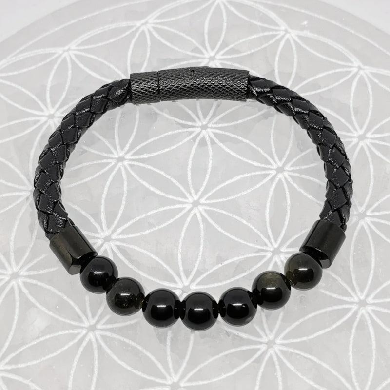 Collection n°3 de bracelets, 'Cuir & fermoir magnétique", simple rang, avec perles de 8 mm - 20,5 cm de longueur !