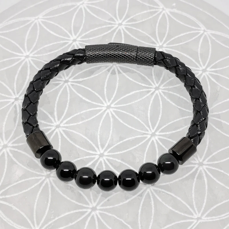 Collection n°3 de bracelets, 'Cuir & fermoir magnétique", simple rang, avec perles de 8 mm - 20,5 cm de longueur !
