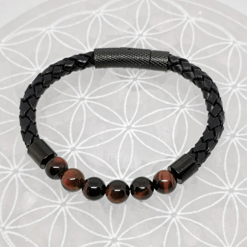 Collection n°3 de bracelets, 'Cuir & fermoir magnétique", simple rang, avec perles de 8 mm - 20,5 cm de longueur !