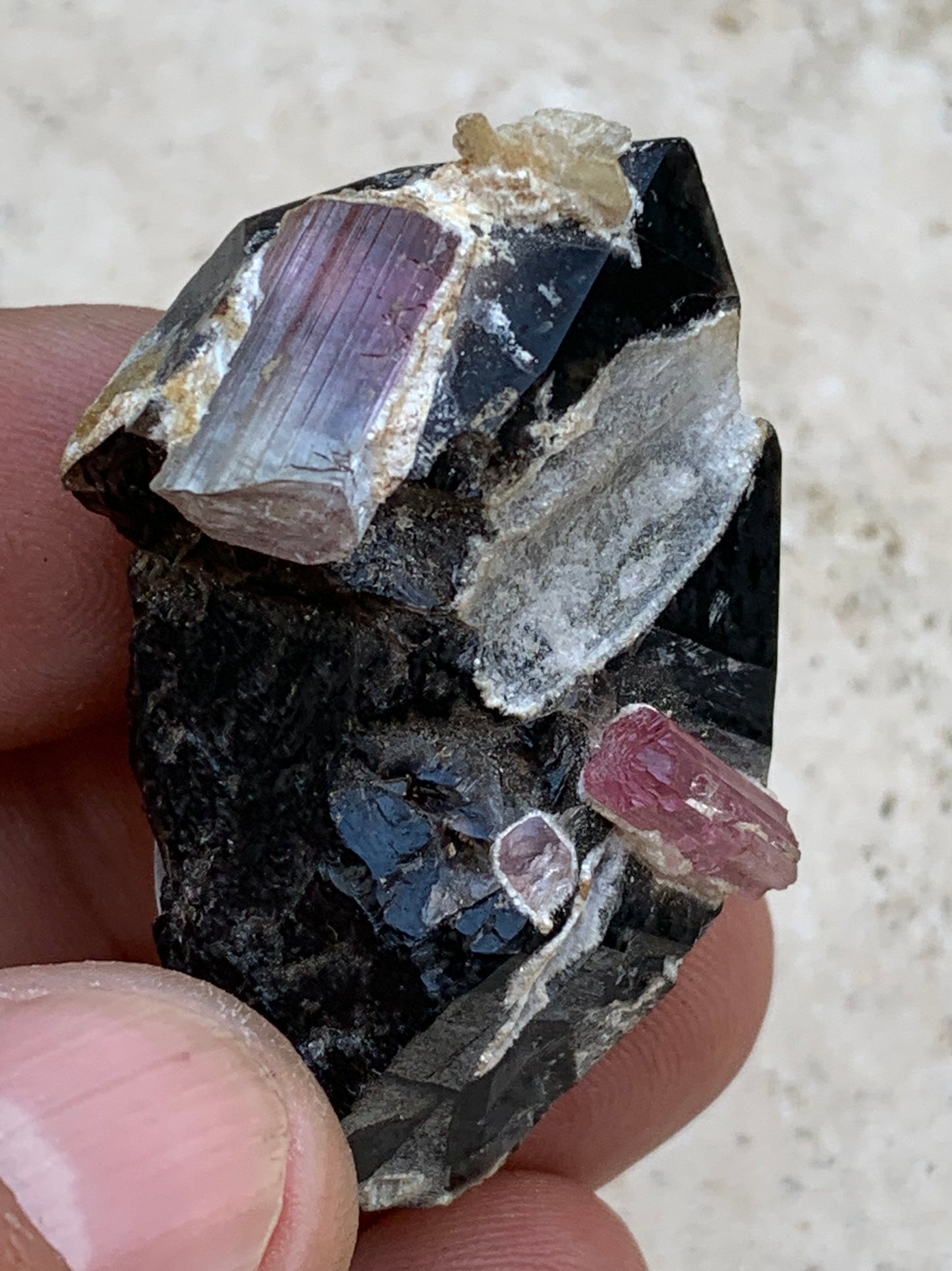 Morion Quartz / Smoky Quartz with Rubellite Tourmaline, natural specimen of 50 x 37 x 24mm - 37.5 grams. Beautiful little piece!