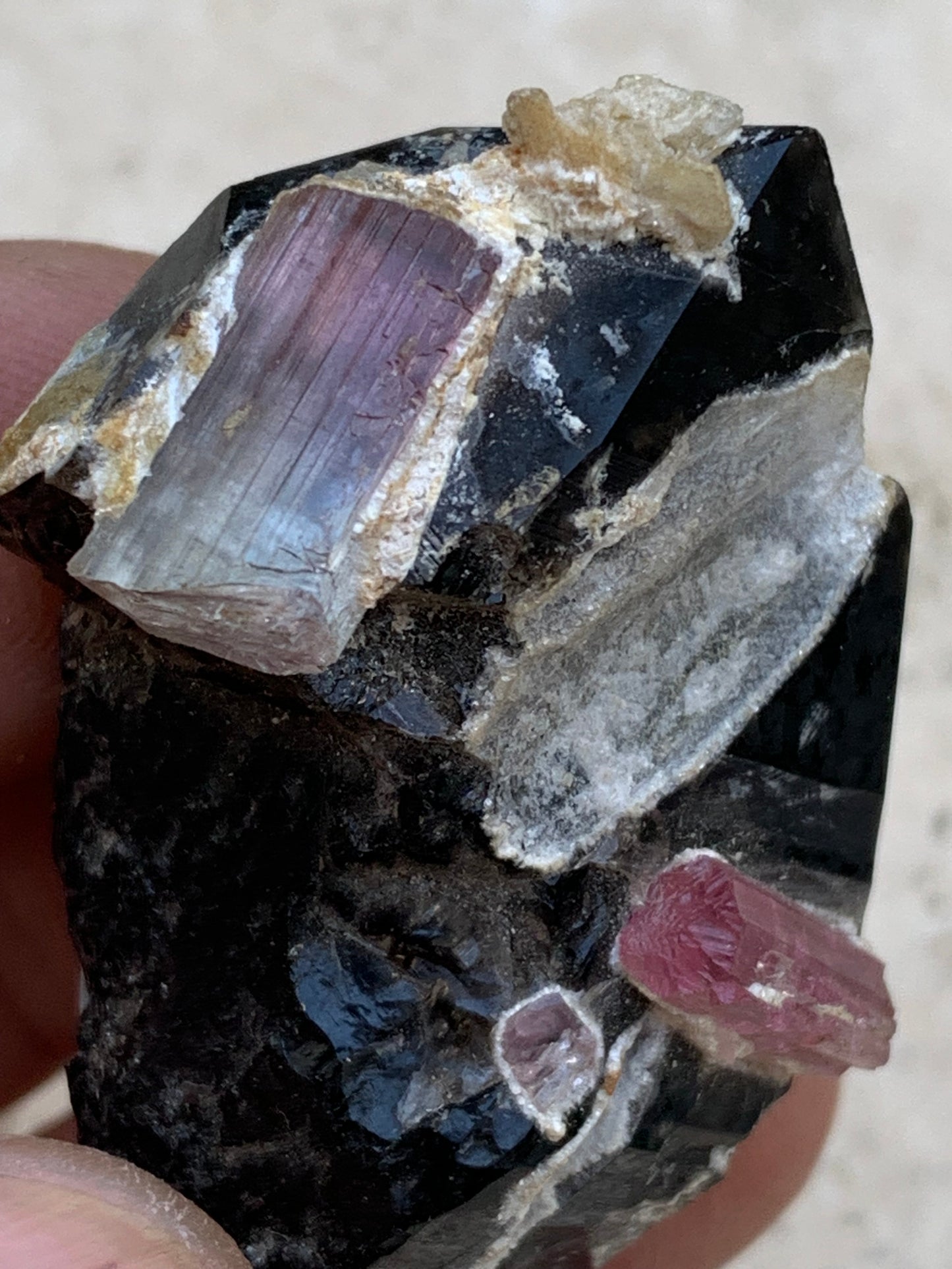 Morion Quartz / Smoky Quartz with Rubellite Tourmaline, natural specimen of 50 x 37 x 24mm - 37.5 grams. Beautiful little piece!