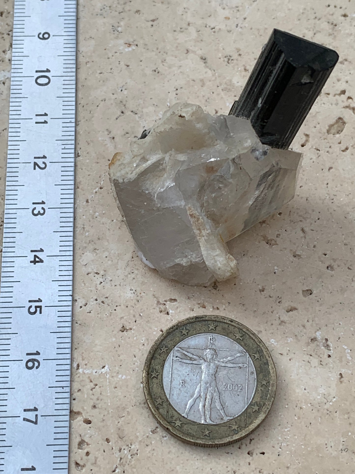 Green Tourmaline/Verdelite on Quartz Crystal, Natural Specimen 46 x 35 x 33 mm - Approximately 27.7 grams. 1 beautiful crystal with a green-terminated tourmaline point running through it!
