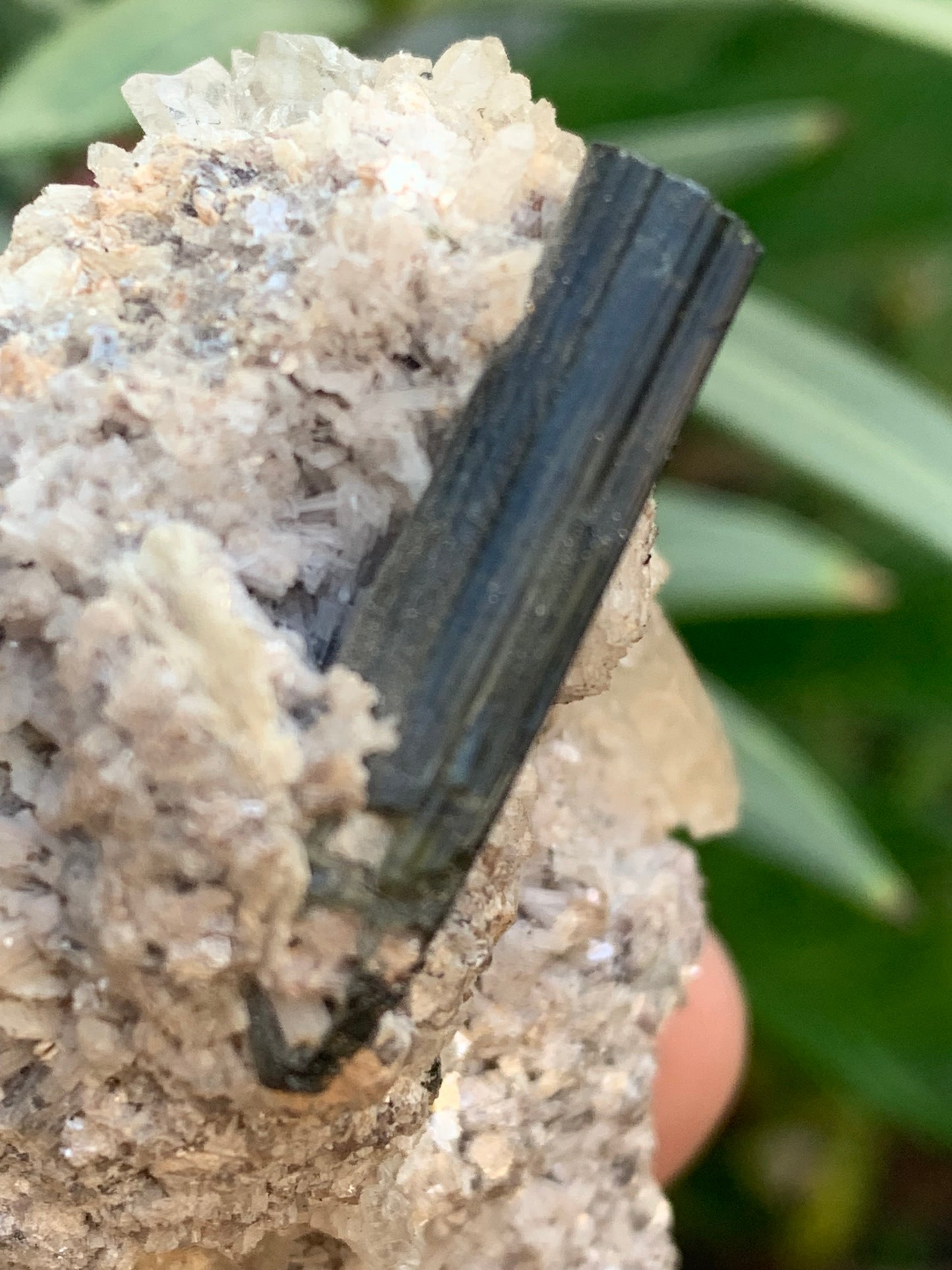Tourmaline verte/ Verdélite sur cristal de quartz, spécimen naturel de 80 x 62 x 60 mm - 267 grammes environ. D’innombrables cristaux sur macle !