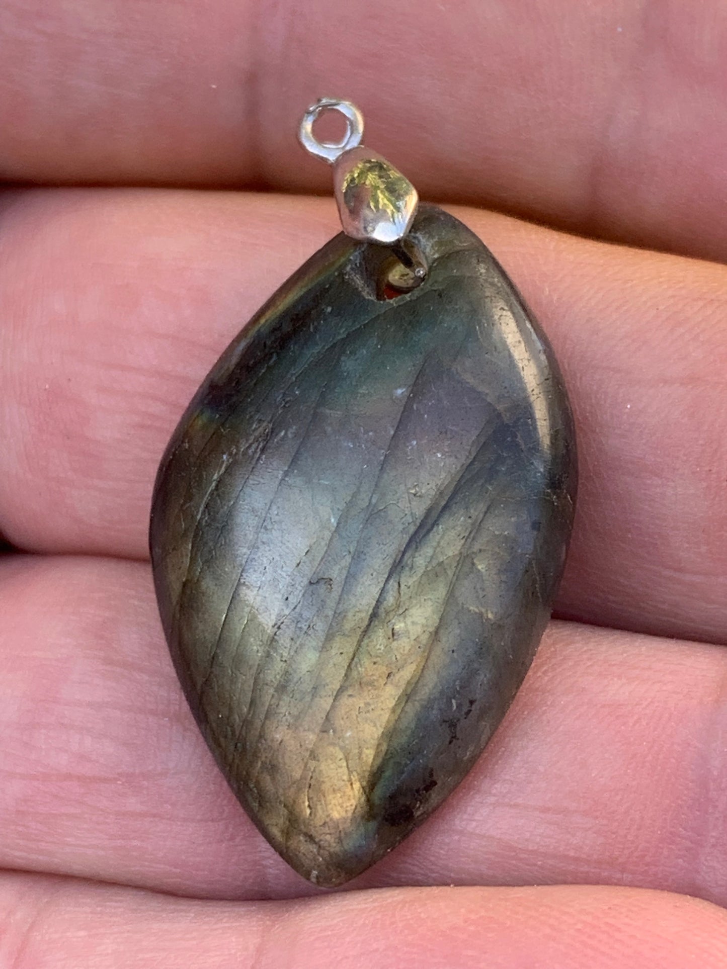 Labradorite, 40mm x 21 x 6mm 'drilled cabochon' pendant. Grade A to AA, sold with adjustable black cord!