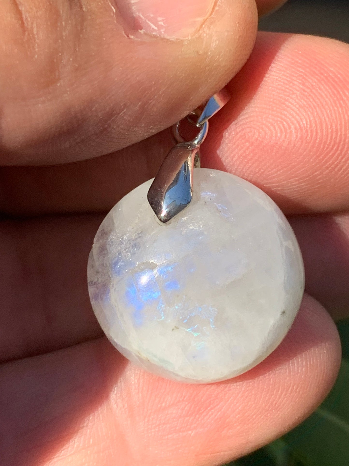 White labradorite/peristerite, 40mm x 30 x 10mm 'drilled cabochon' pendant. AA to AAA quality, sold with adjustable black cord!