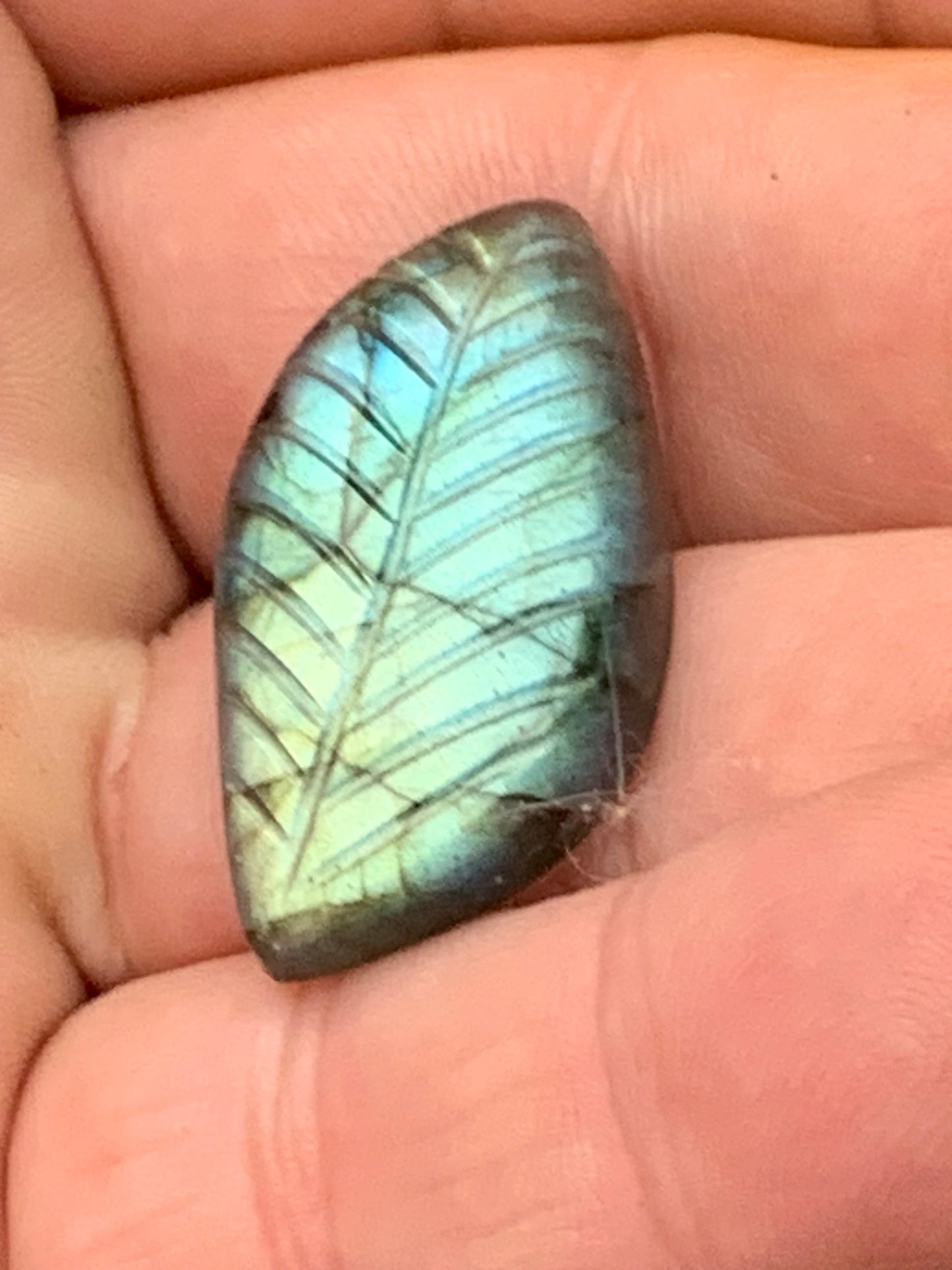 Labradorite, engraved cabochon of 32mm x 16 x 7. AA to AAA quality, perfect for mounting in jewelry or collection!
