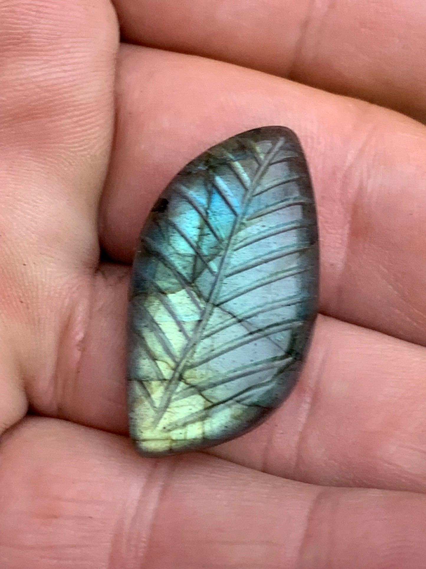Labradorite, engraved cabochon of 32mm x 16 x 7. AA to AAA quality, perfect for mounting in jewelry or collection!