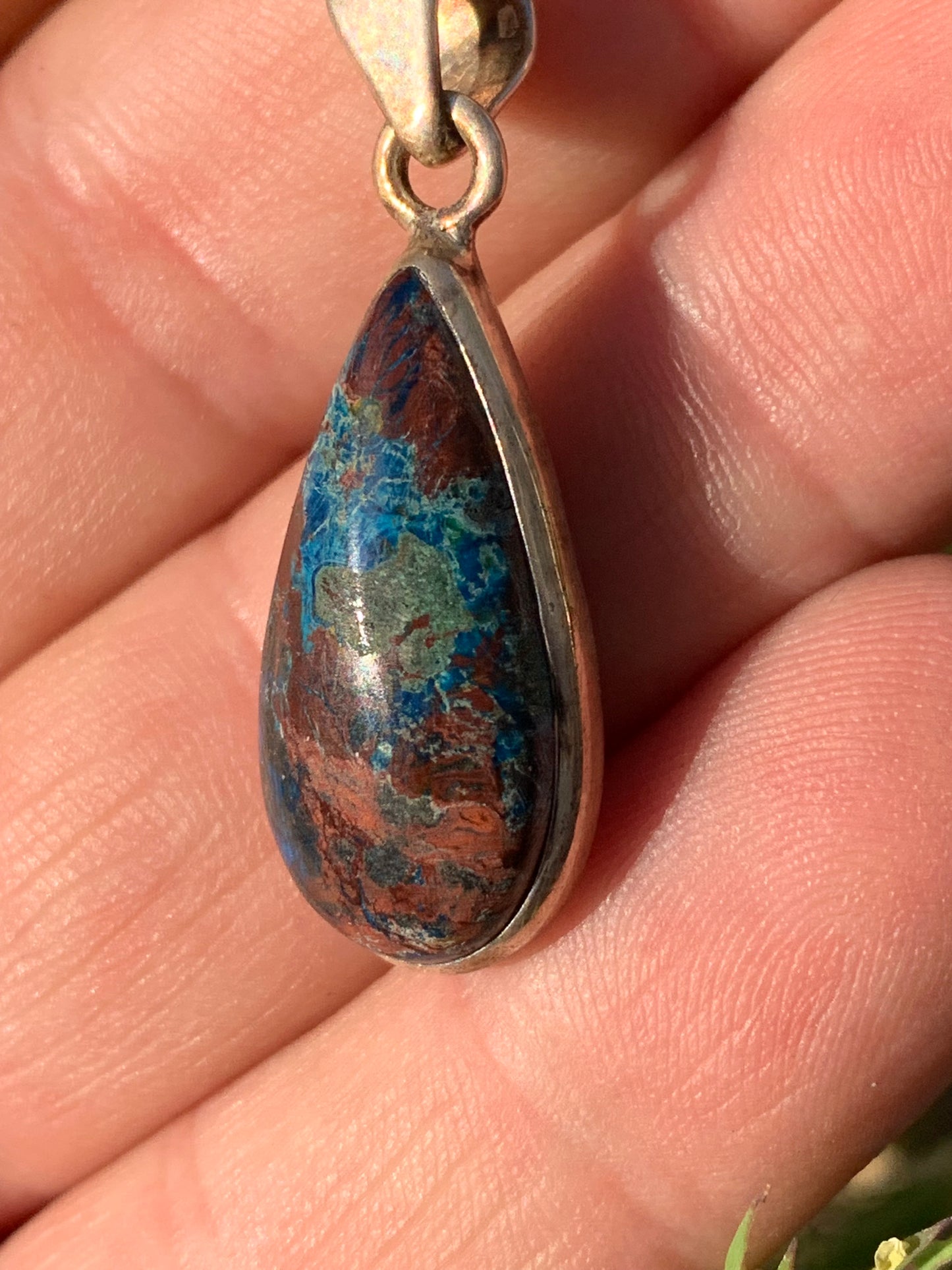Chrysocolla! Unique silver pendant, 38 mm high x 13 mm wide x 7 mm thick. Sold with an adjustable black cord. Made by Gen & Zen!