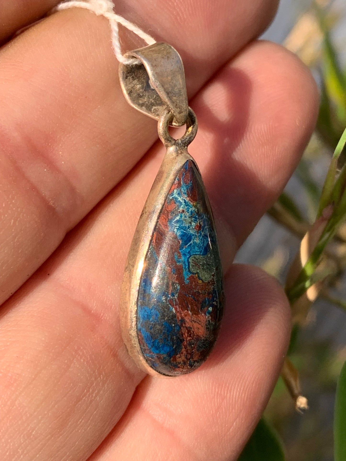 Chrysocolla! Unique silver pendant, 38 mm high x 13 mm wide x 7 mm thick. Sold with an adjustable black cord. Made by Gen & Zen!