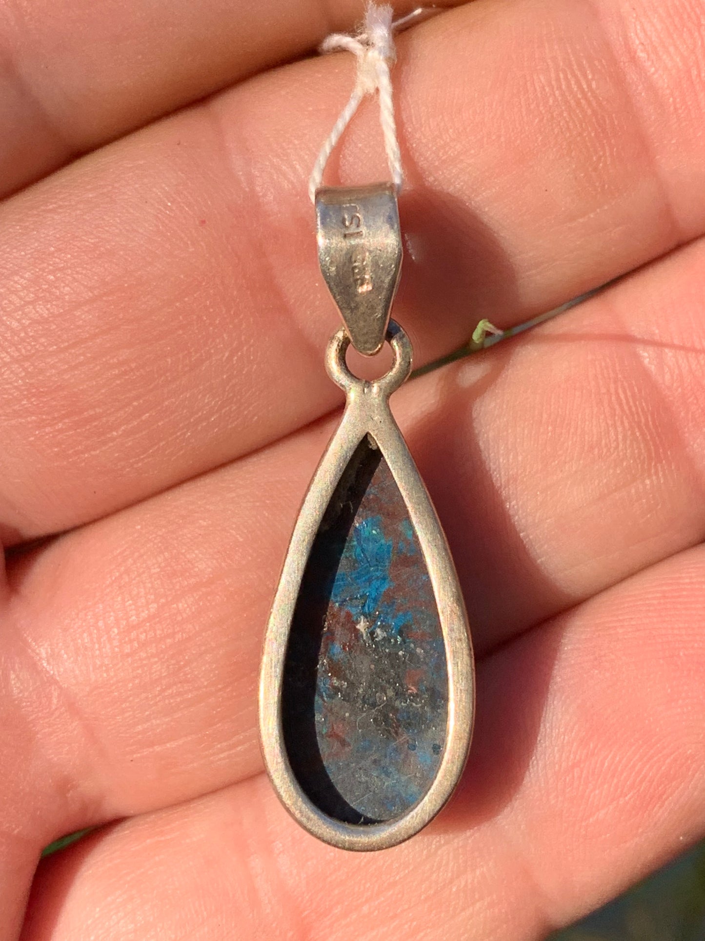 Chrysocolla! Unique silver pendant, 38 mm high x 13 mm wide x 7 mm thick. Sold with an adjustable black cord. Made by Gen & Zen!