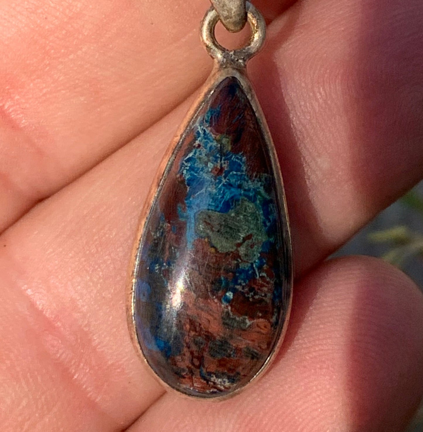 Chrysocolla! Unique silver pendant, 38 mm high x 13 mm wide x 7 mm thick. Sold with an adjustable black cord. Made by Gen & Zen!