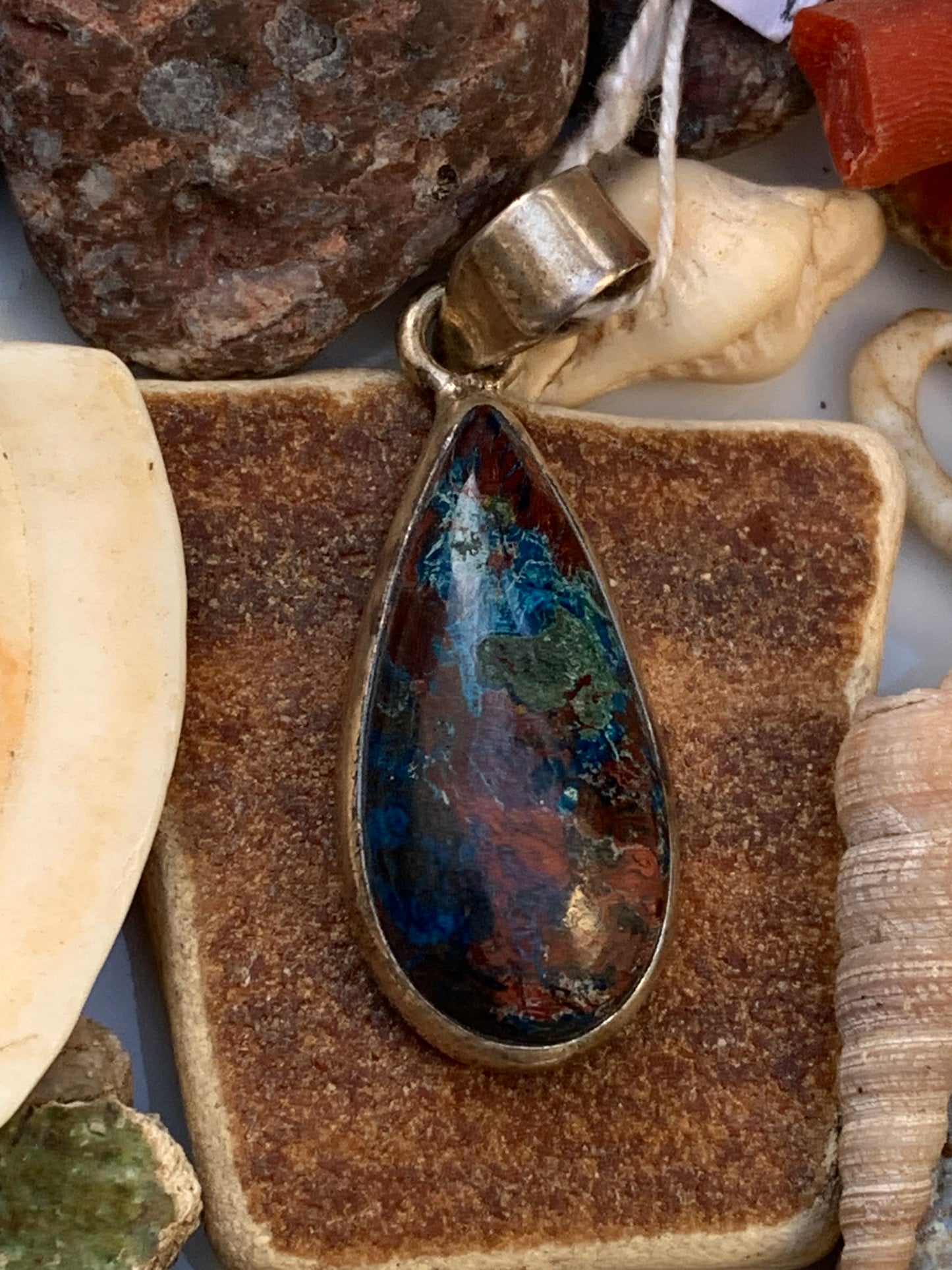 Chrysocolla! Unique silver pendant, 38 mm high x 13 mm wide x 7 mm thick. Sold with an adjustable black cord. Made by Gen & Zen!