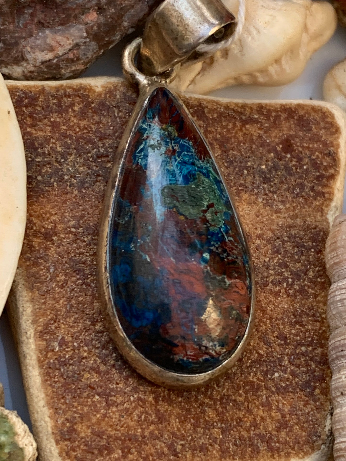 Chrysocolla! Unique silver pendant, 38 mm high x 13 mm wide x 7 mm thick. Sold with an adjustable black cord. Made by Gen & Zen!