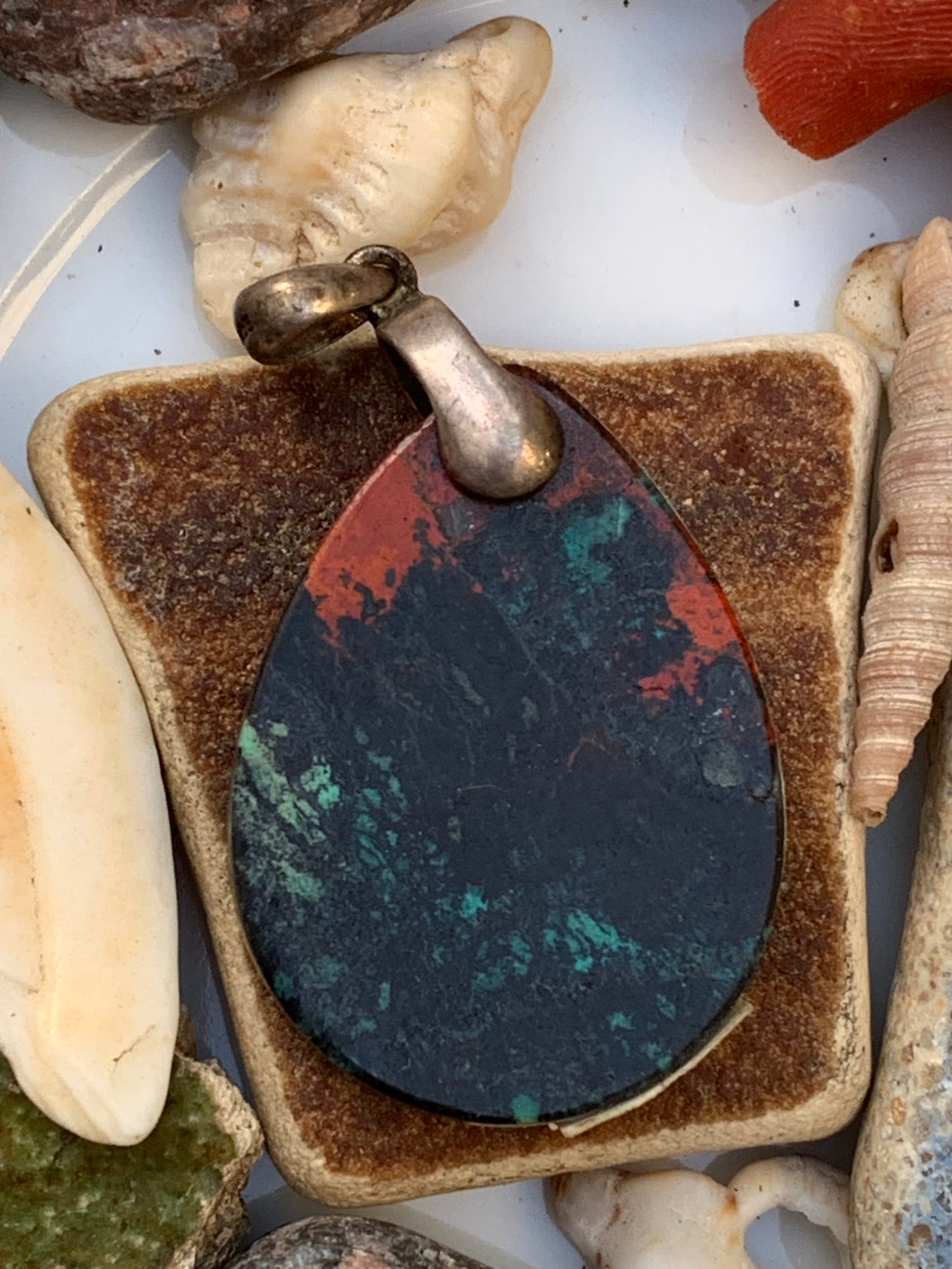 Chrysocolla! Unique silver pendant, 42mm high x 22mm wide x 5mm thick. Sold with an adjustable black cord. Made by Gen & Zen!