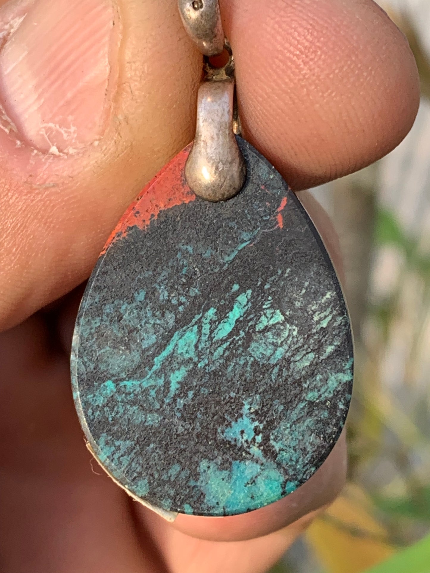 Chrysocolla! Unique silver pendant, 42mm high x 22mm wide x 5mm thick. Sold with an adjustable black cord. Made by Gen & Zen!