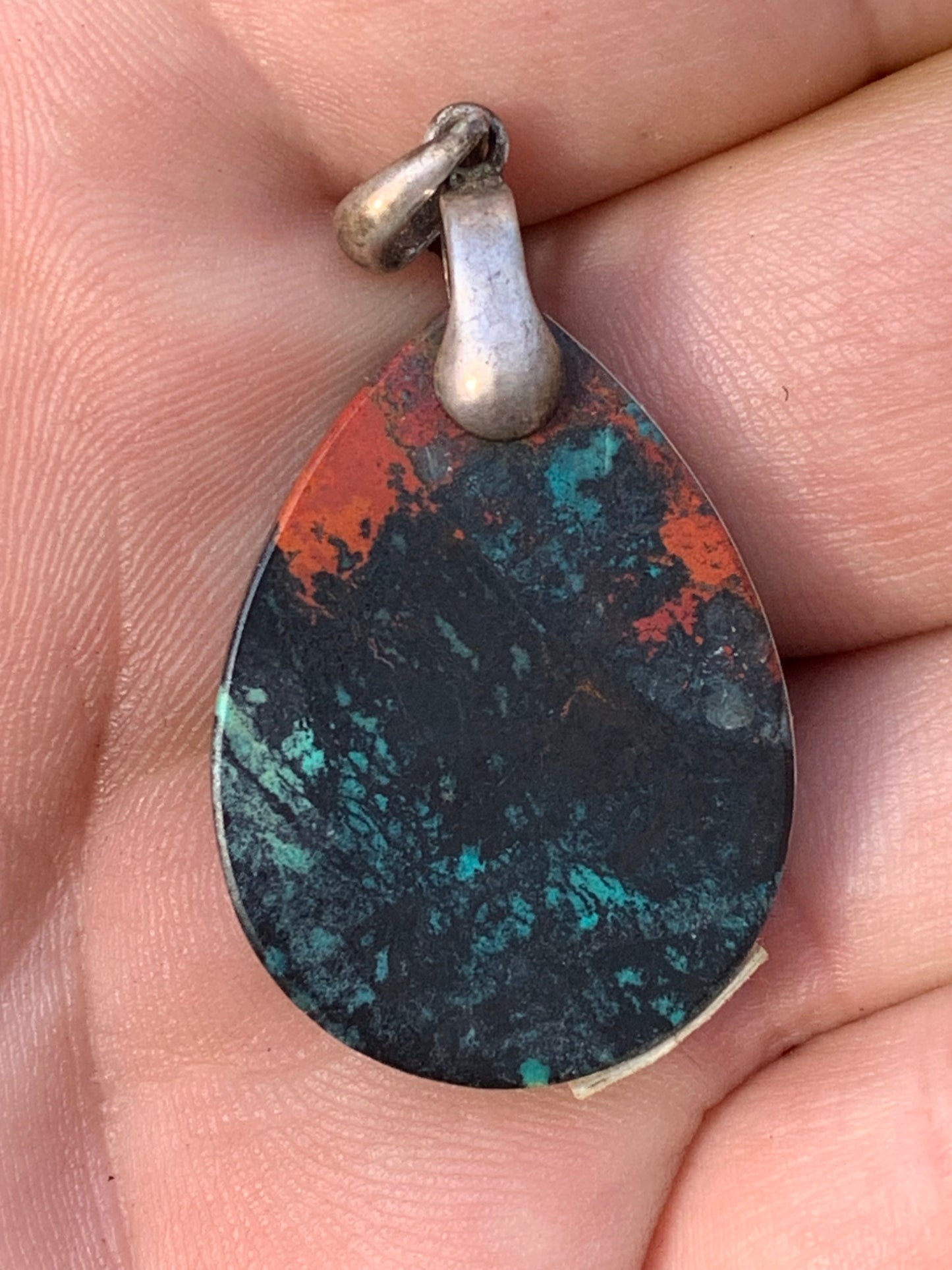 Chrysocolla! Unique silver pendant, 42mm high x 22mm wide x 5mm thick. Sold with an adjustable black cord. Made by Gen & Zen!