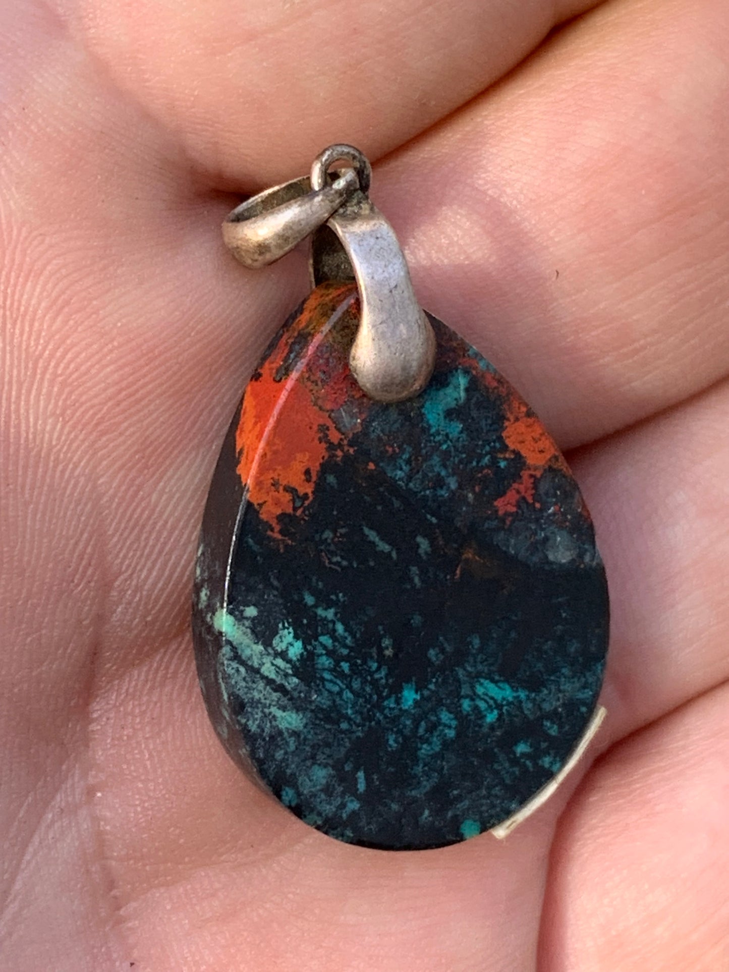 Chrysocolla! Unique silver pendant, 42mm high x 22mm wide x 5mm thick. Sold with an adjustable black cord. Made by Gen & Zen!