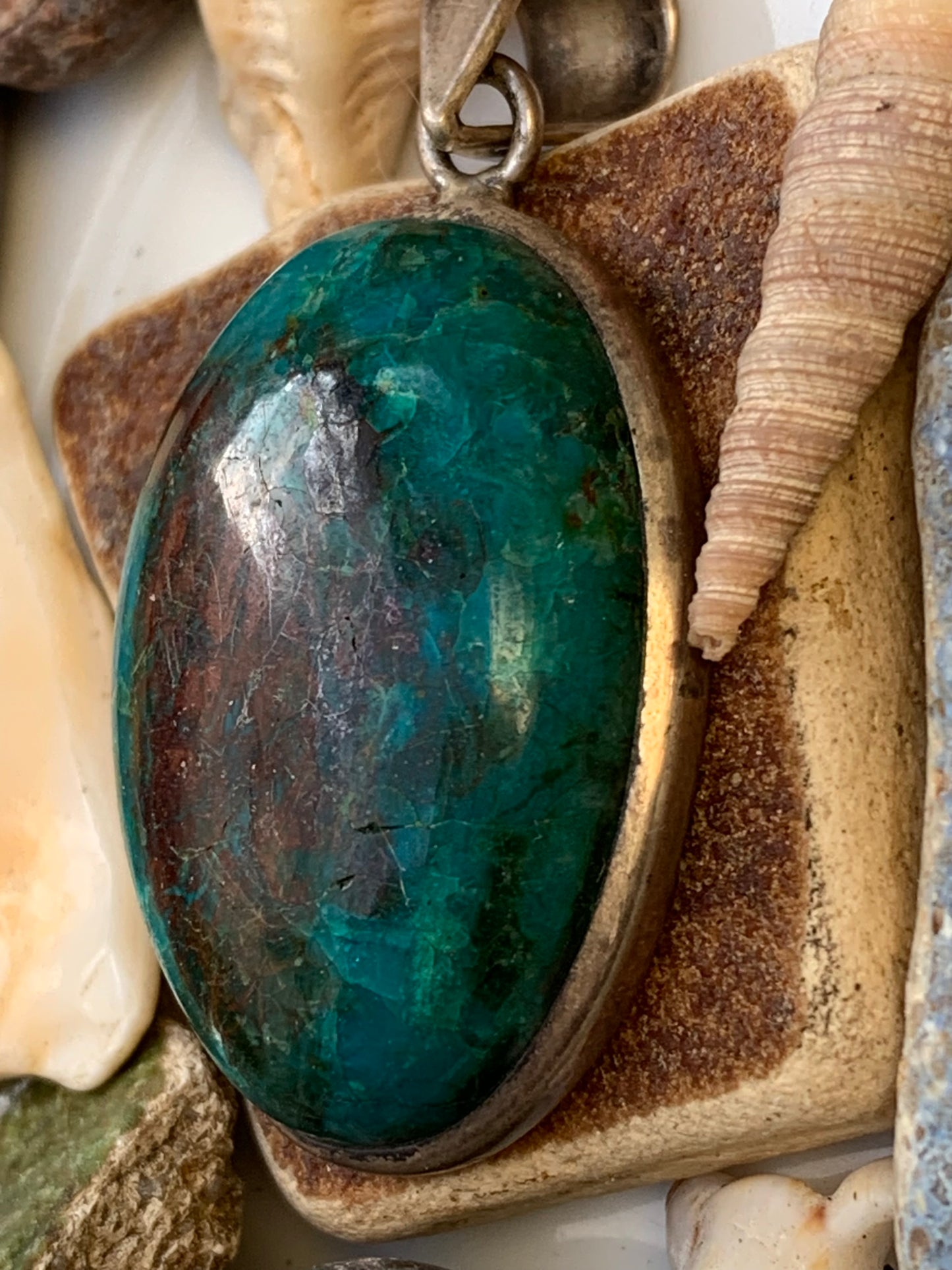 Chrysocolla! Unique silver pendant, 45mm high x 21mm wide x 10mm thick. Sold with an adjustable black cord. Made by Gen & Zen!