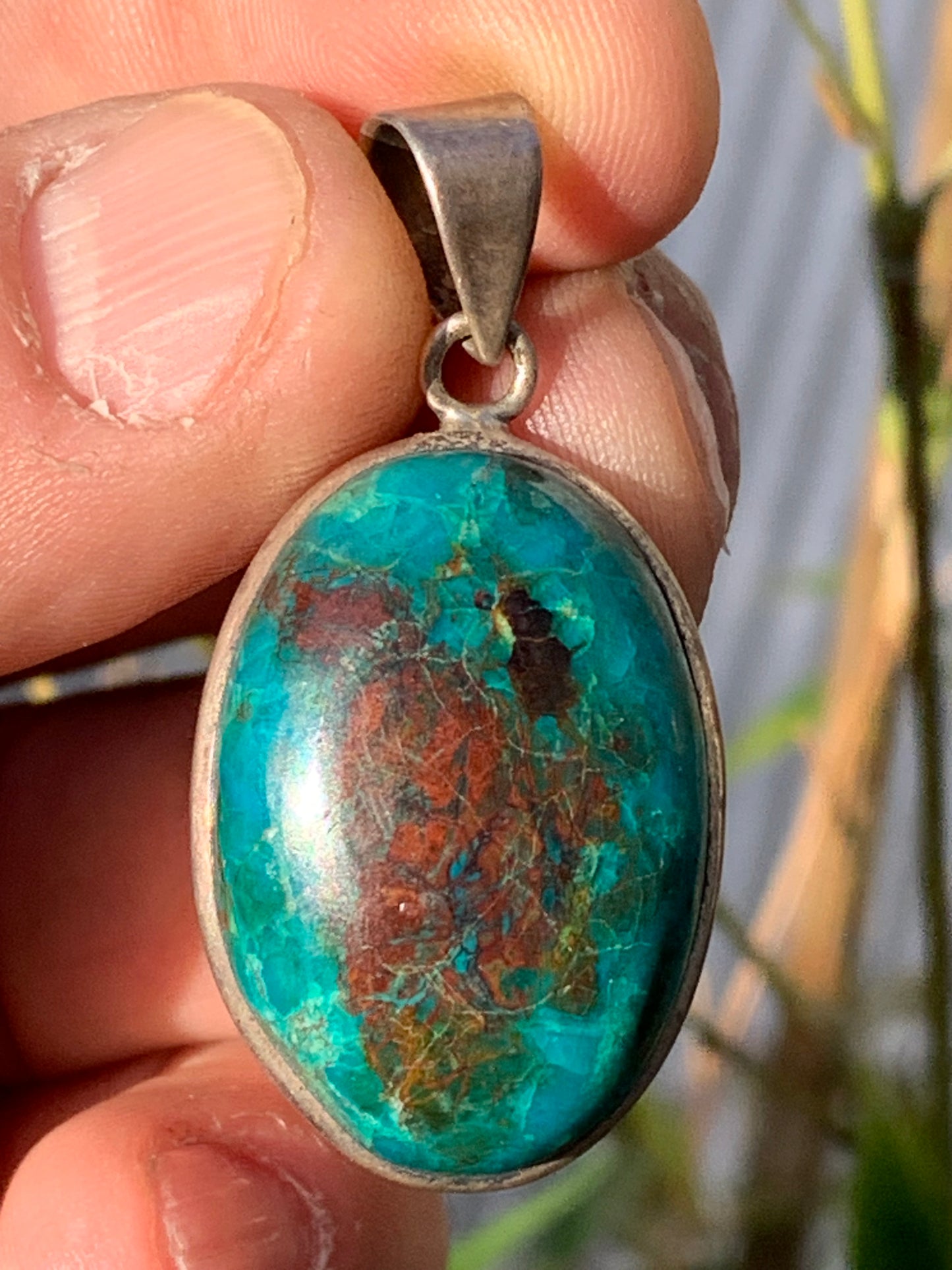 Chrysocolla! Unique silver pendant, 45mm high x 21mm wide x 10mm thick. Sold with an adjustable black cord. Made by Gen & Zen!