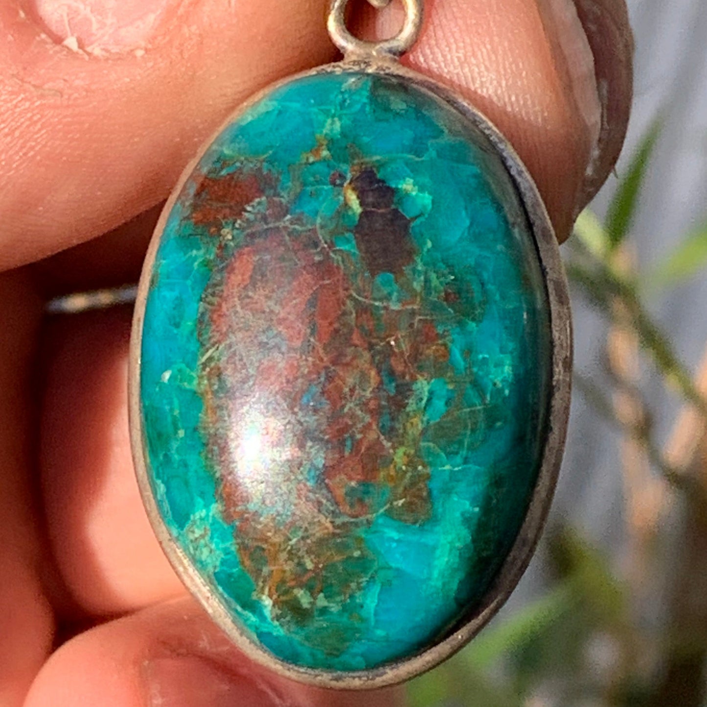 Chrysocolla! Unique silver pendant, 45mm high x 21mm wide x 10mm thick. Sold with an adjustable black cord. Made by Gen & Zen!